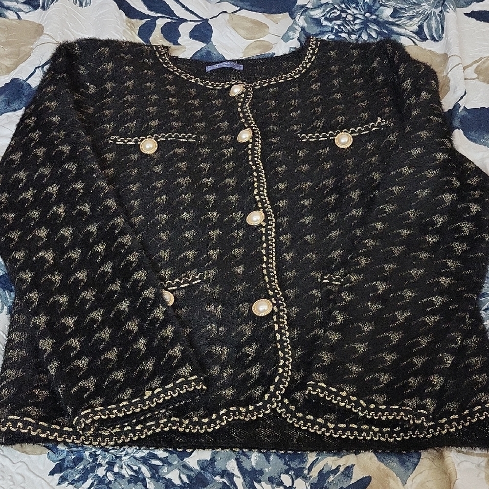 Tweed Black and Gold Cardigan with Pearl Buttons NWOT